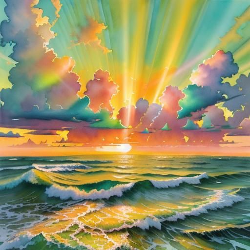 Colorful Sunset Over Ocean with Volumetric Lighting