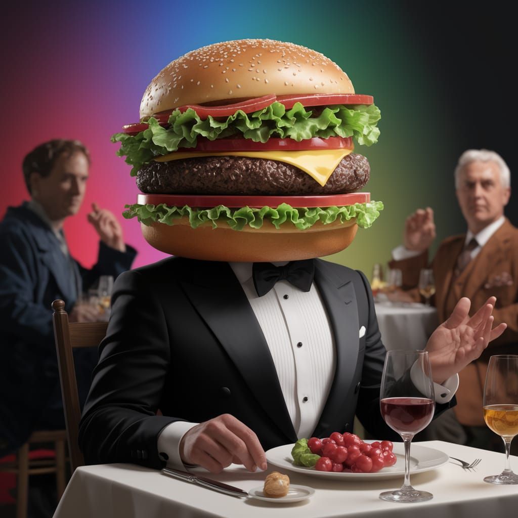 Surreal Burger in Tuxedo at Dinner Party in Hyperrealistic S...