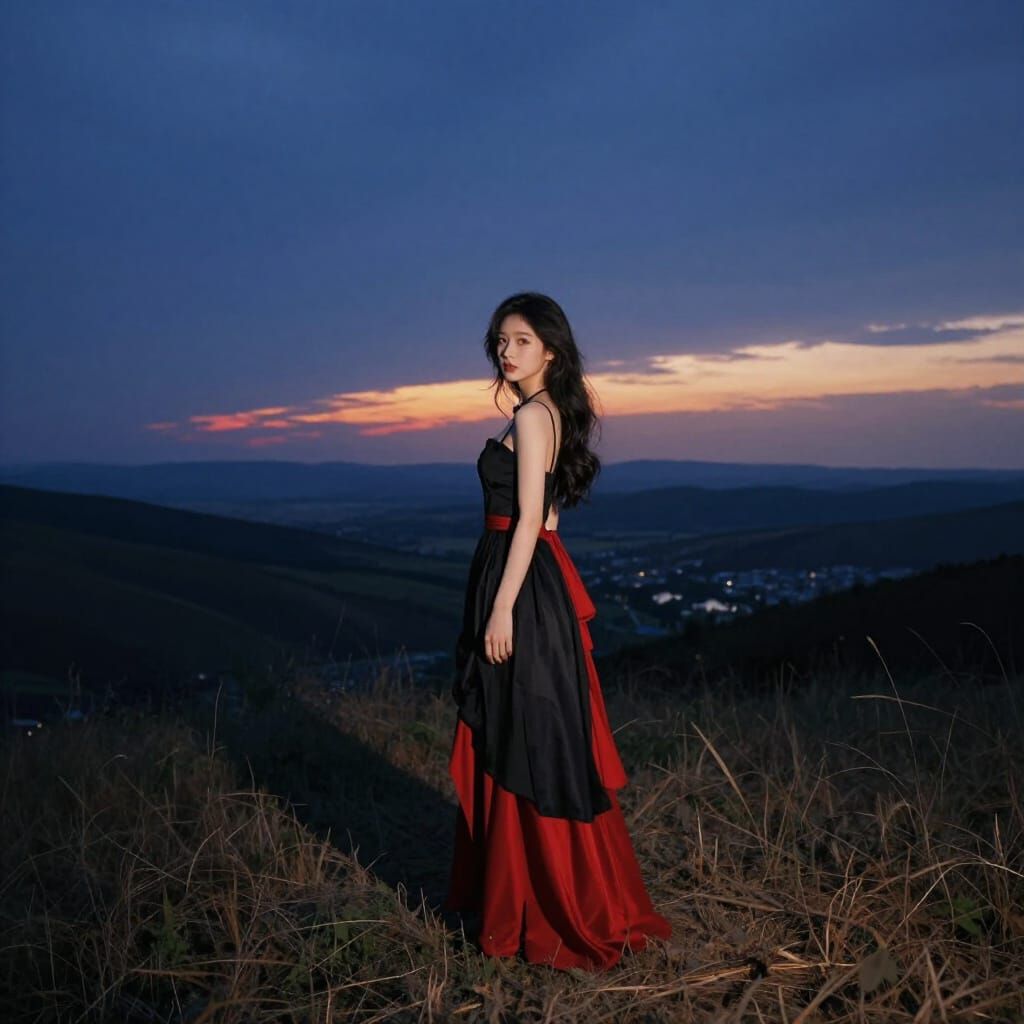 Beautiful Lady in Black and Red Dress at Twilight