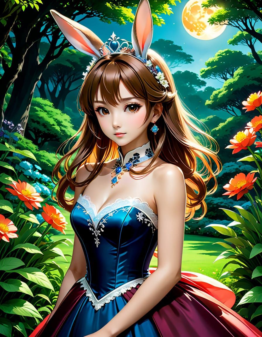 Elegant Brown Rabbit in Ballgown under Moonlit Garden