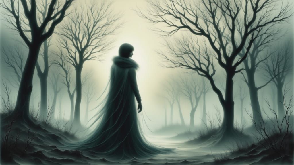 Woman Lost in Misty Fog, Whimsical Watercolor Style