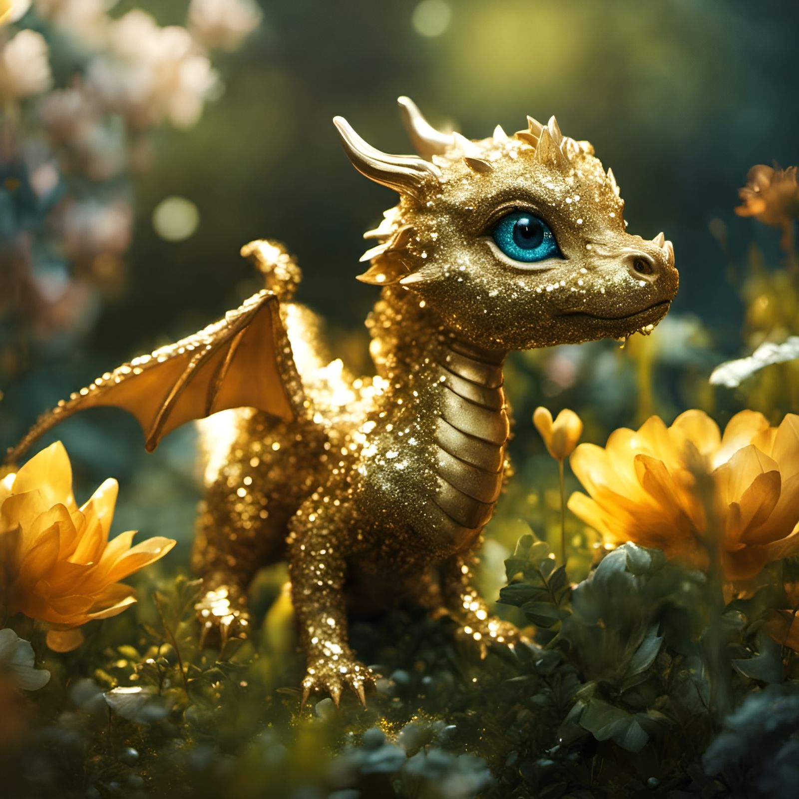 Baby dragon with glitter in a garden