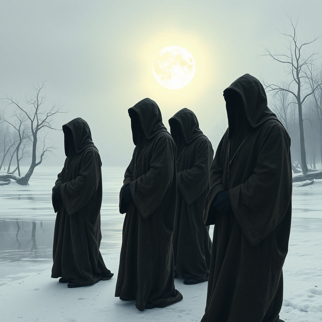 Contemplative Monks on Frozen Lake in Surrealist Style