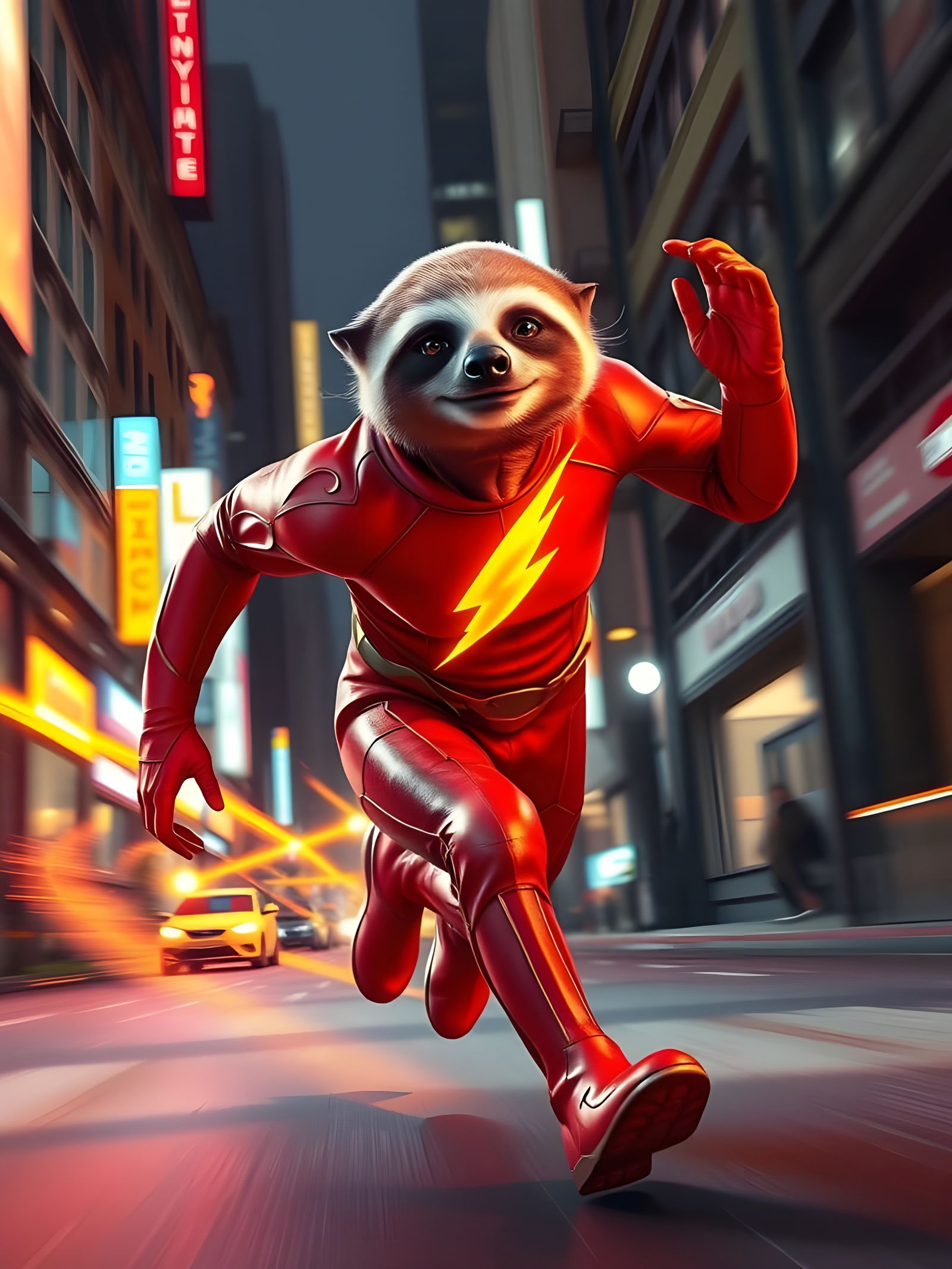 Sloth The Flash Superhero in Hyperrealistic City Scene
