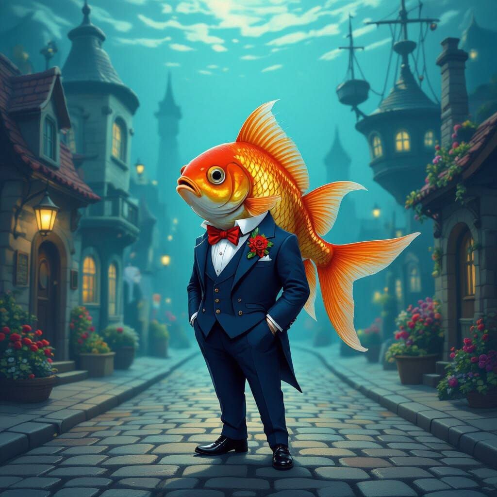 Anthropomorphic Goldfish in Suit in Underwater City
