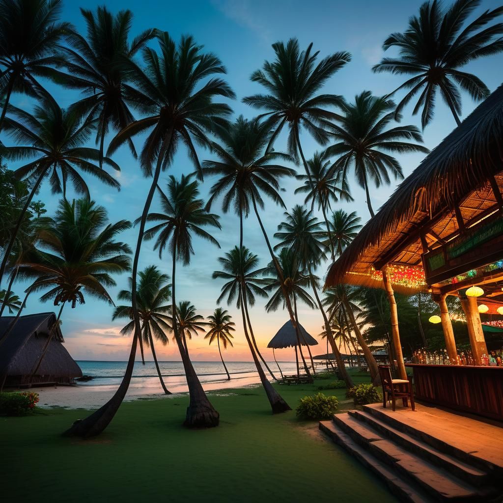 Tropical Beach Sunset Panorama with Palm Trees