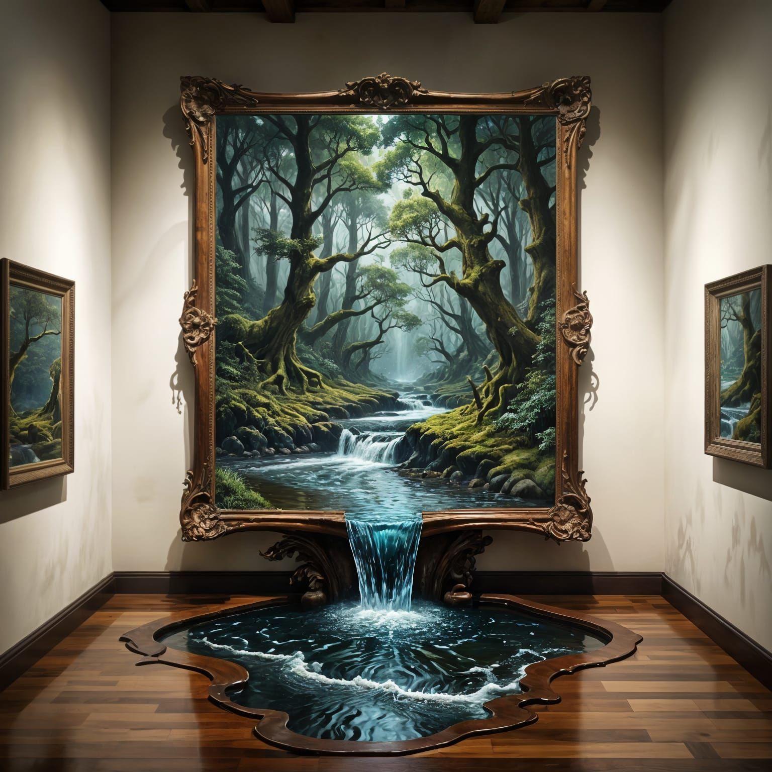 Surreal Forest River Scene in Ornate Oil Painting