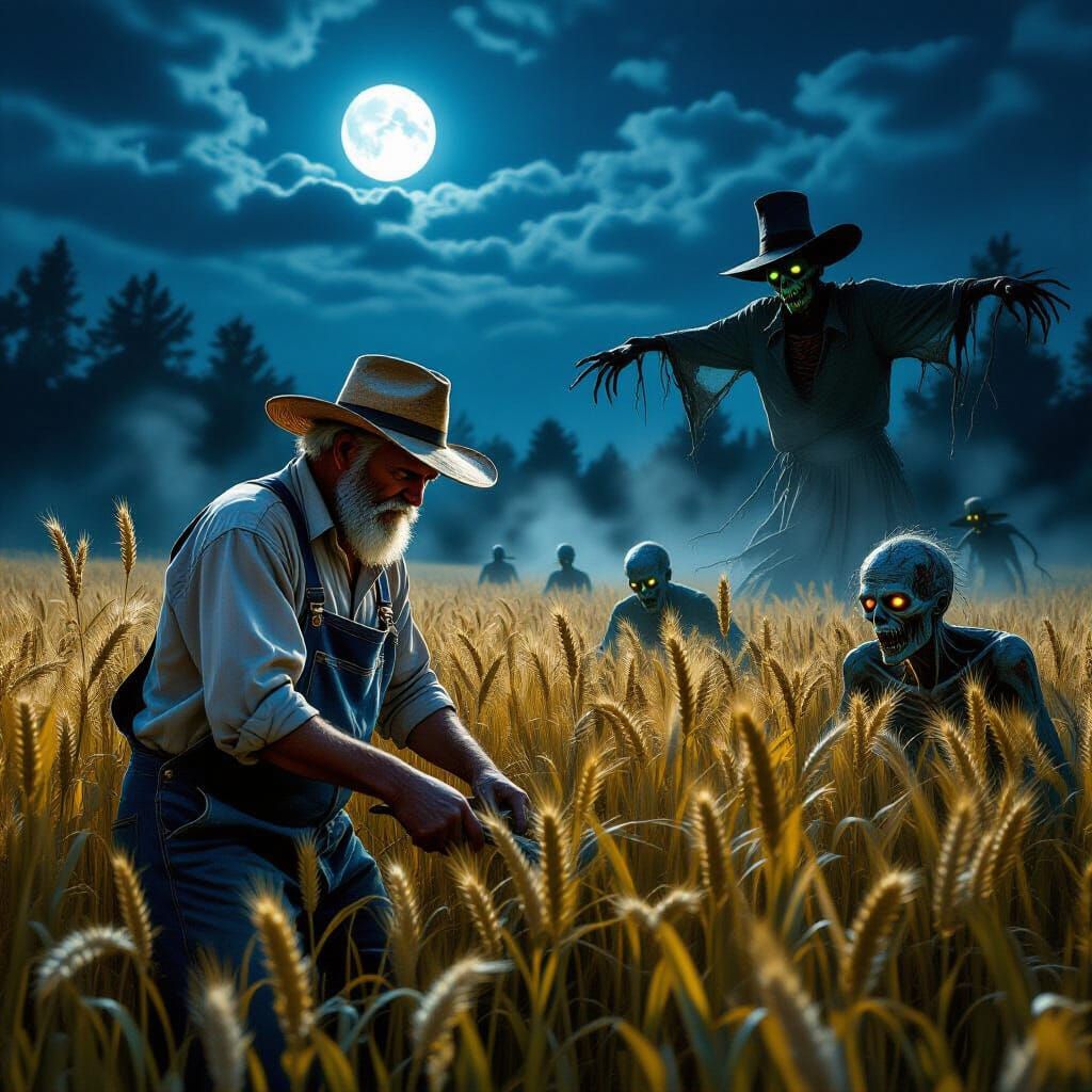 Creepy Zombie Farmer Under Moonlight in Hyperrealistic Style