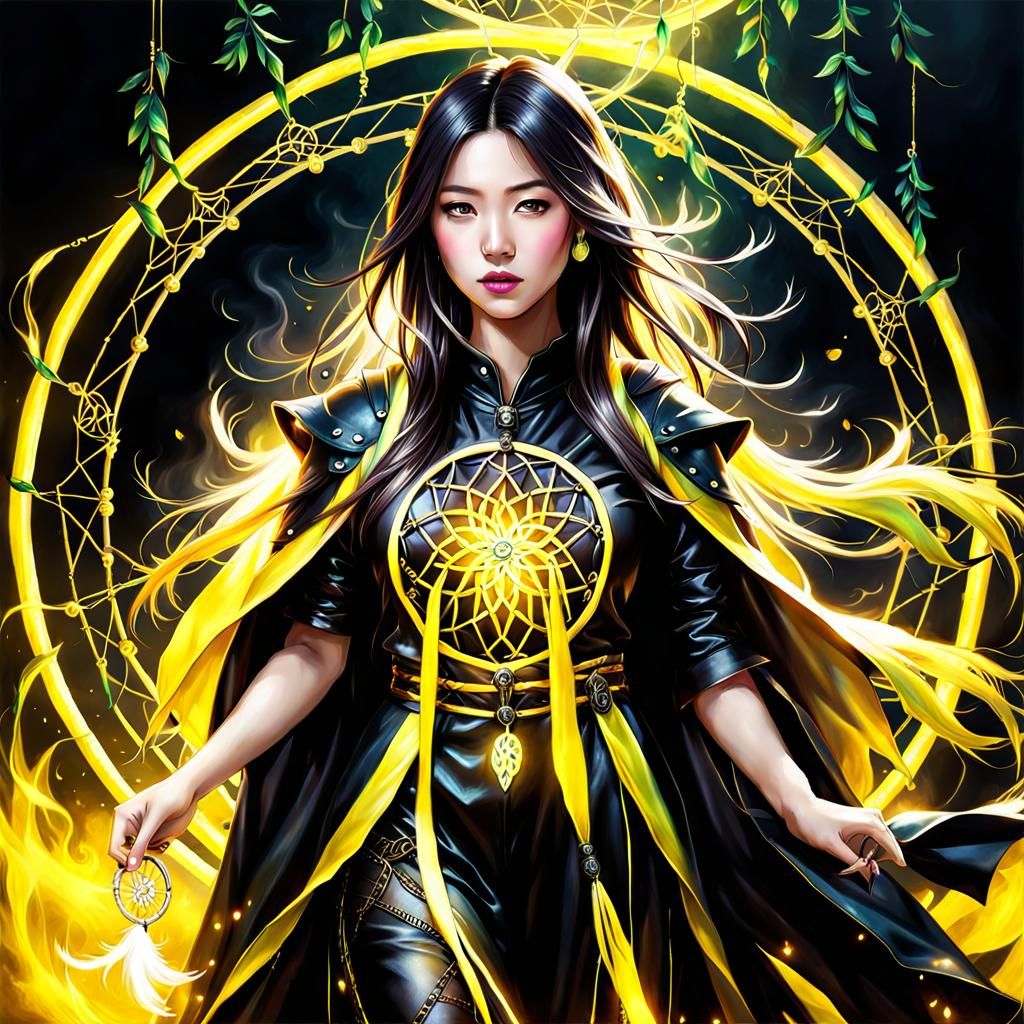 Fantasy Asian Woman Creates Dreamcatcher of Light