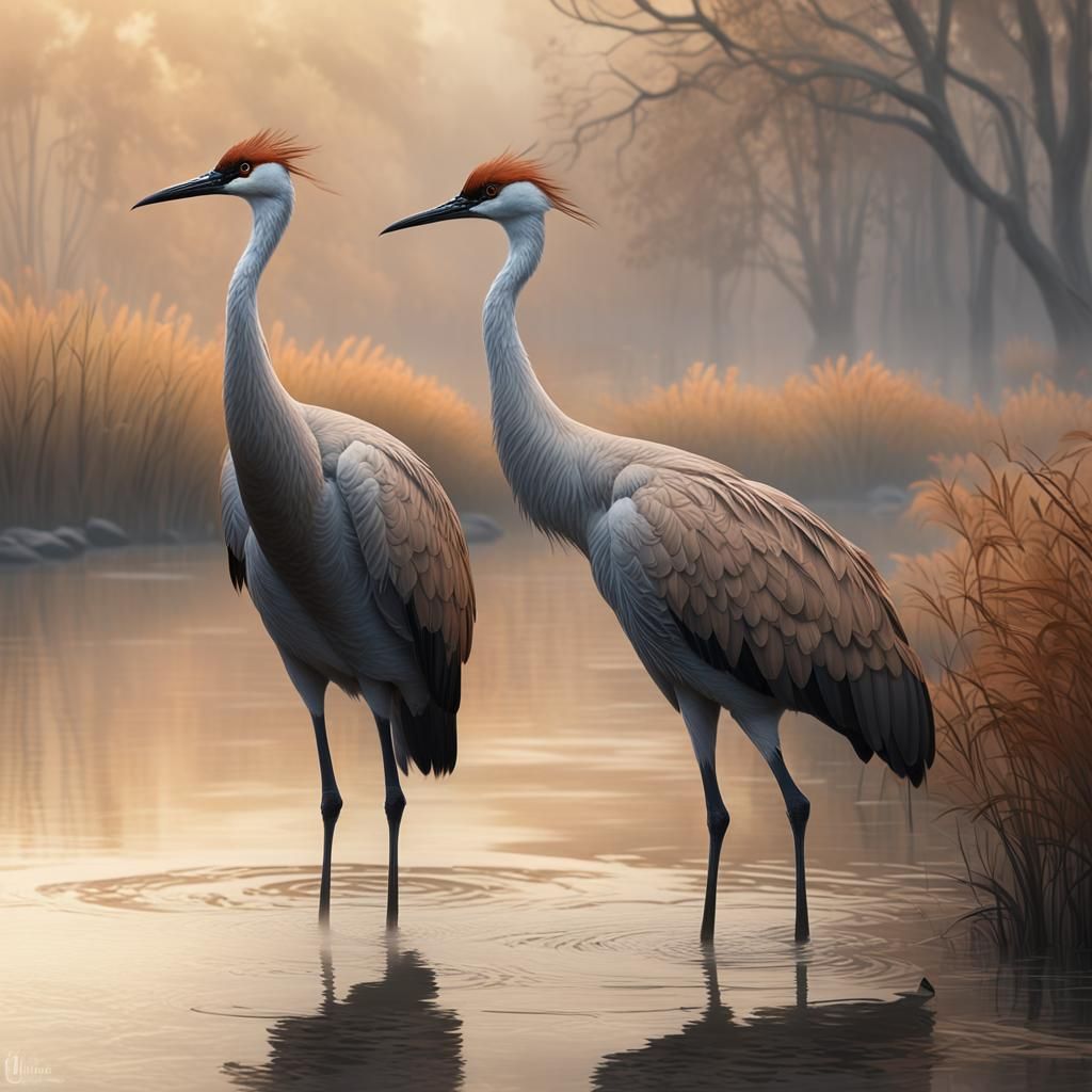 Sandhill Cranes on Misty Riverbank: Fantasy Concept Art