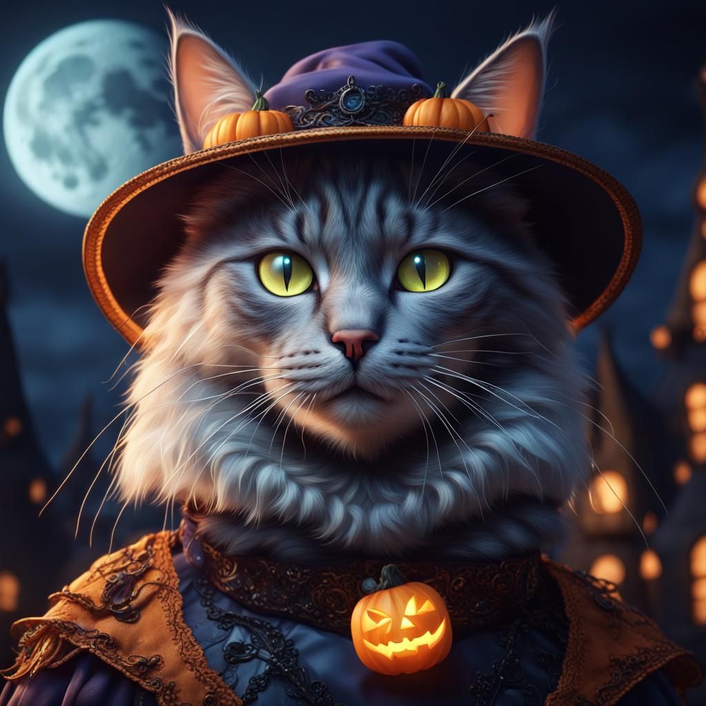 Moonlit Halloween Cat Portrait in Detailed Digital Painting