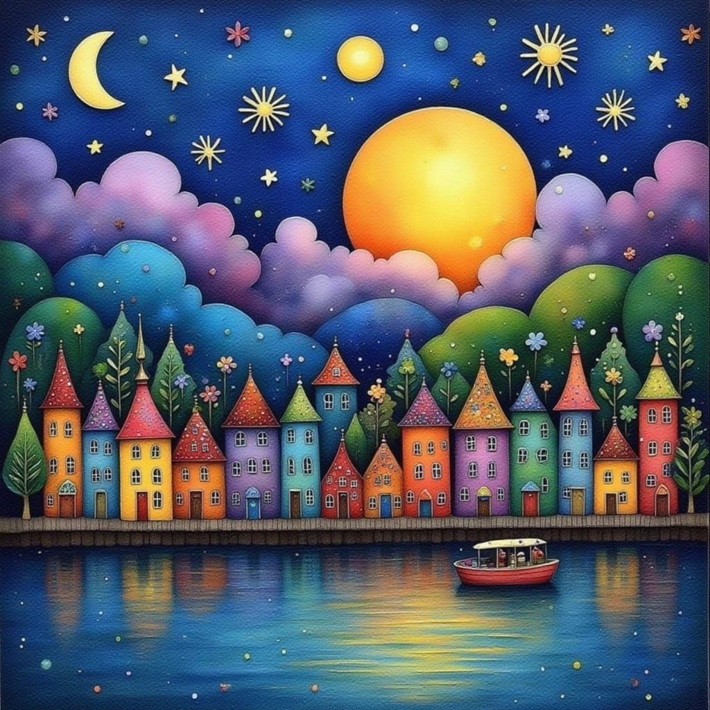 Whimsical Fantasy Night Scene in Mixed Media Style