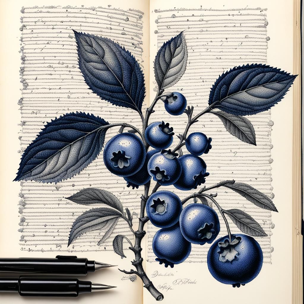 an intricate ink drawing depicting a blueberry sprig