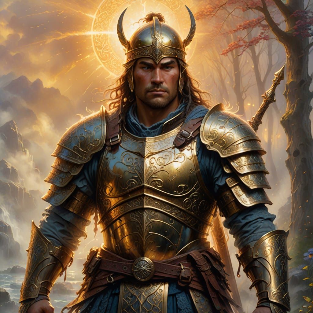 Ethereal Warrior in Golden Light: Mystical Fantasy Art