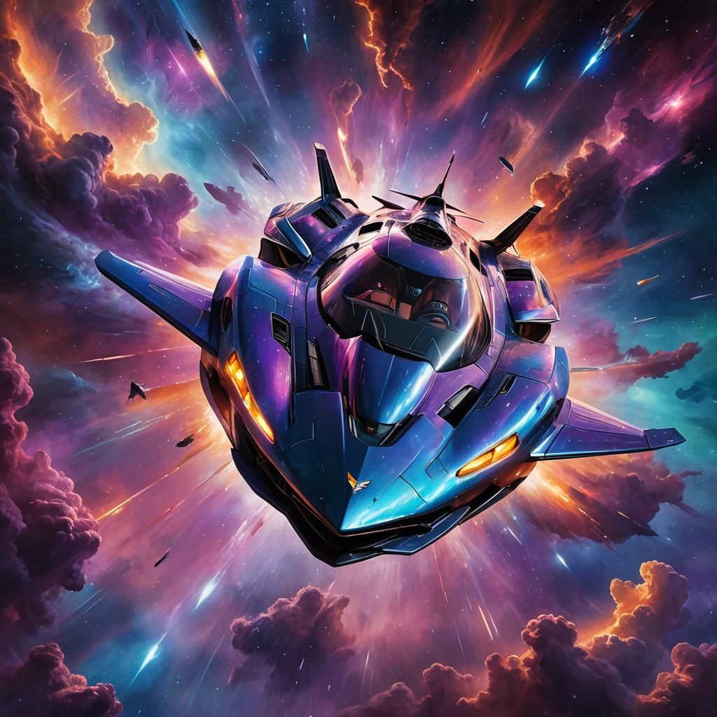 High-Tech Corvette Soaring Through Nebula: Sci-Fi Concept Ar...