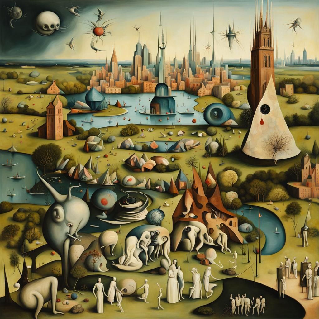 New york city in Hieronymus Bosch  style The Garden of Earthly Delights surrealism Salvador Dali matte background meltin...