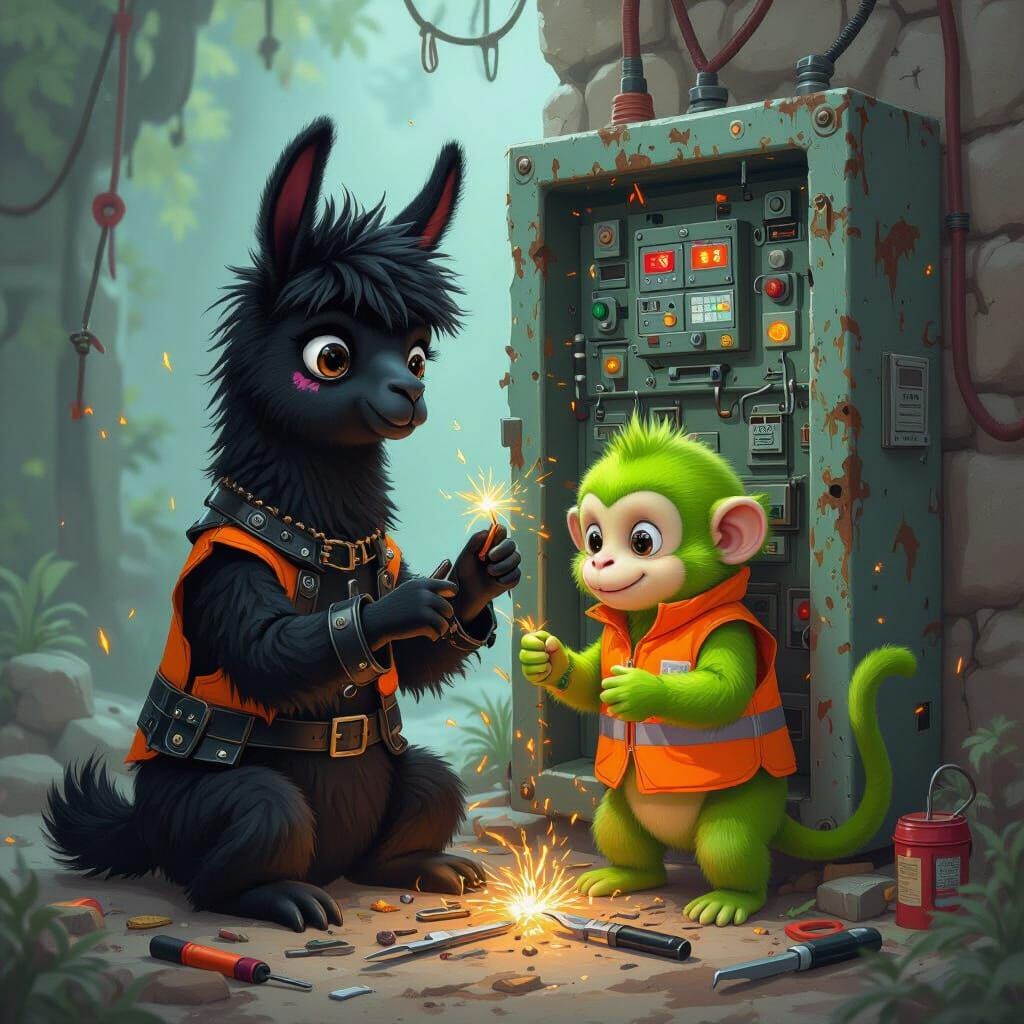 Goth Llama & Monkey Repairing Electrical Panel