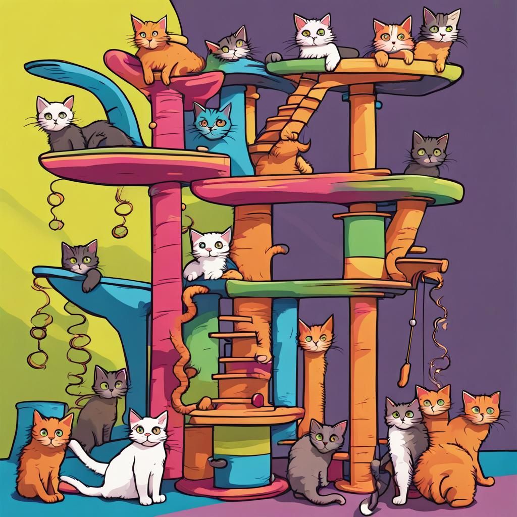 Chaotic Cartoon Cat Tree Tower in Troma Style