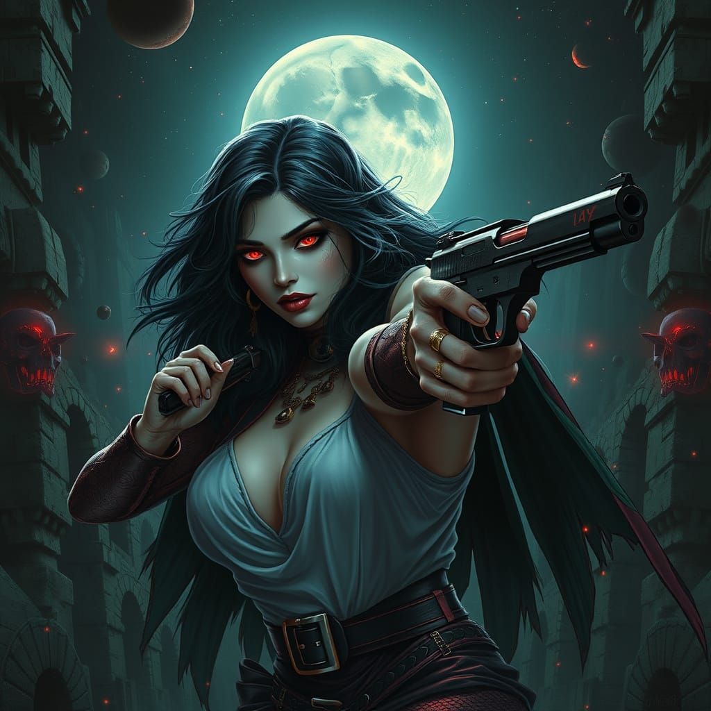 Gothic Vampire in Dystopian Shootout as Cosmic Illustration