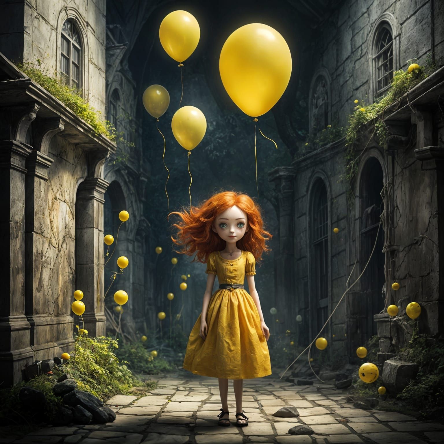 Melancholic Doll on Cracked Platform in Eerie Fantasy Art