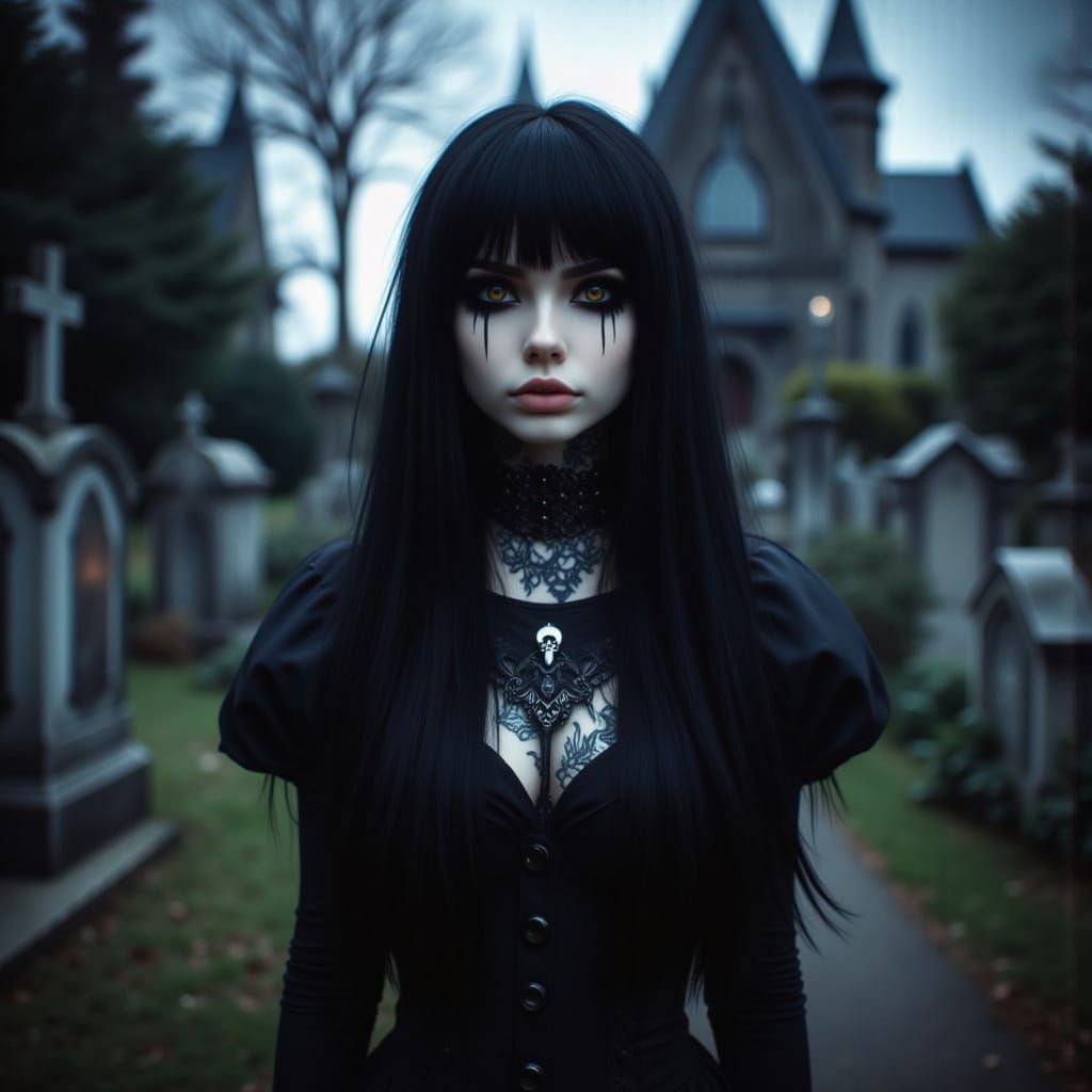 Goth Woman in Moonlit Victorian Graveyard
