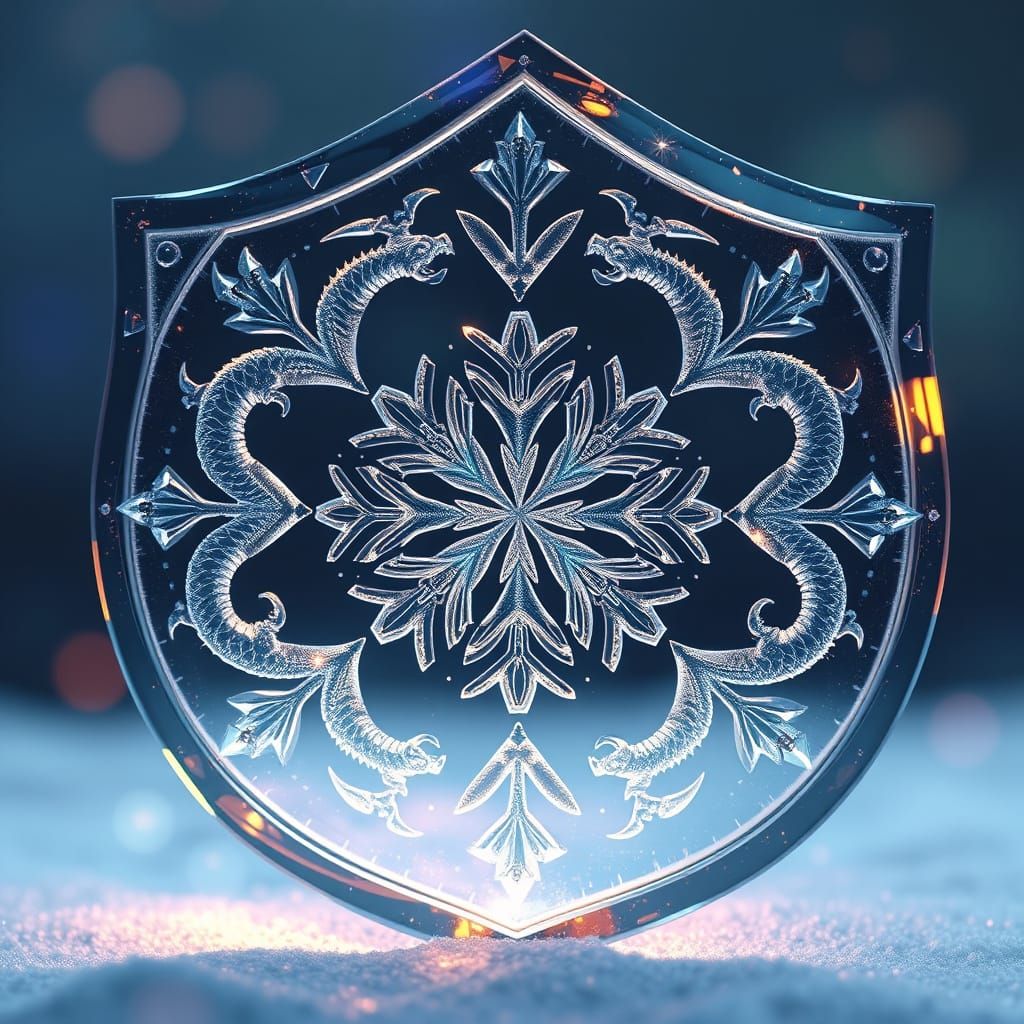 Crystal Shield with Snowflake and Dragons in Ethereal Glow