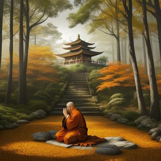 Buddhist Monk Praying in Forest: Ink Wash Painting