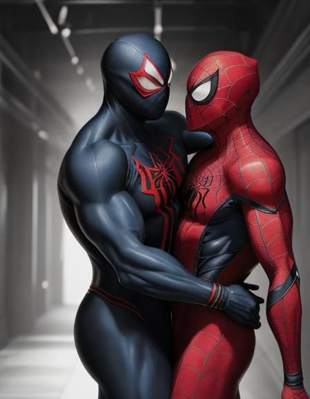 Two Muscular Spidermen Kissing in Irish Pub