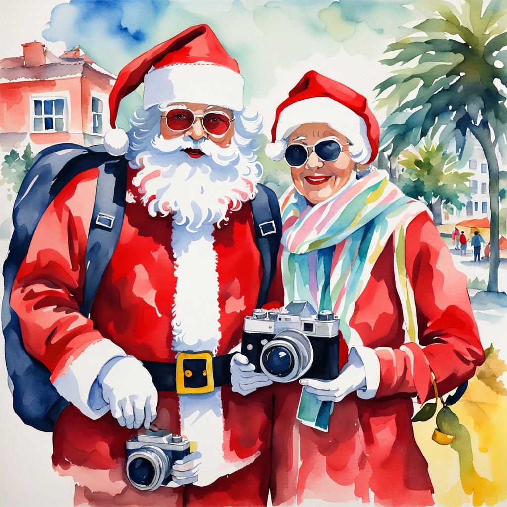 Santa and Mrs. Claus Vacation: Watercolor Tourist Art