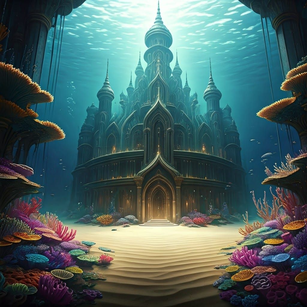 Majestic Underwater Sand Castle in Ethereal Light