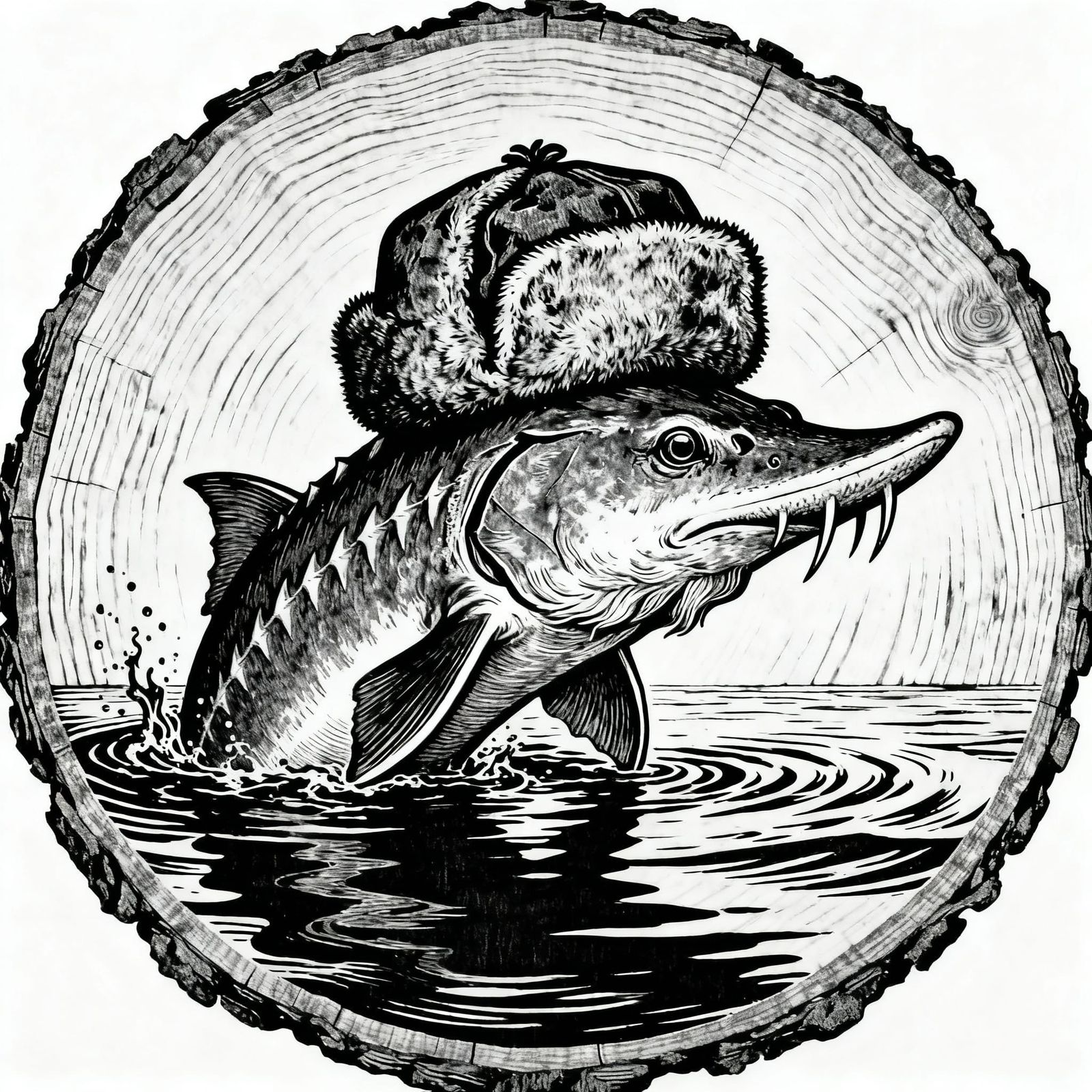 Siberian Sturgeon in Vintage Woodcut Style