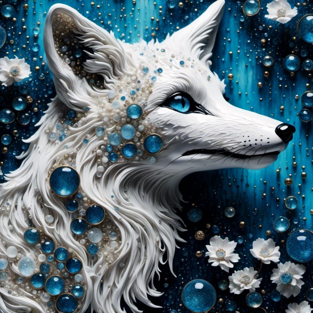 Detailed White Ink Fox with Blue Eyes
