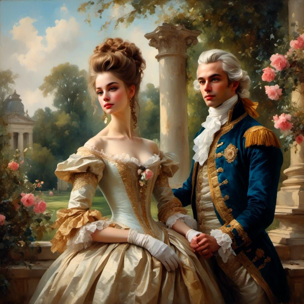 Rococo Portrait in Palladian Garden as Oil Painting