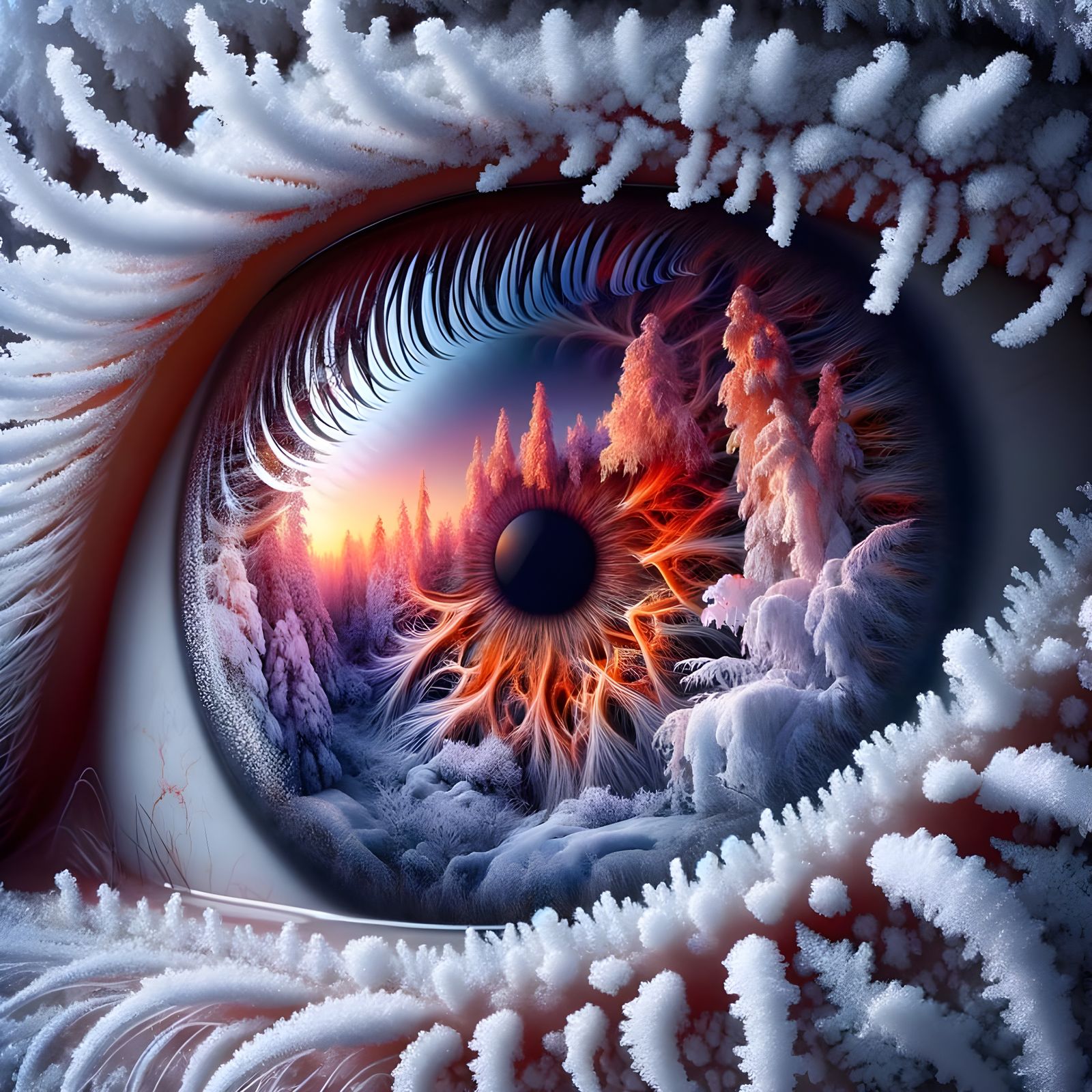 Winter Creature's Eye Reflects Snowy Forest