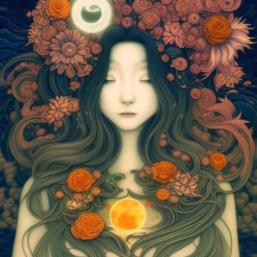 Surreal Sun and Moon Flower Woman: Fairytale Art