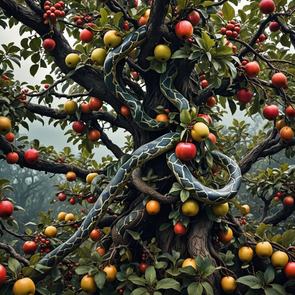 Hyperrealistic Tree of Forbidden Fruit with Snake