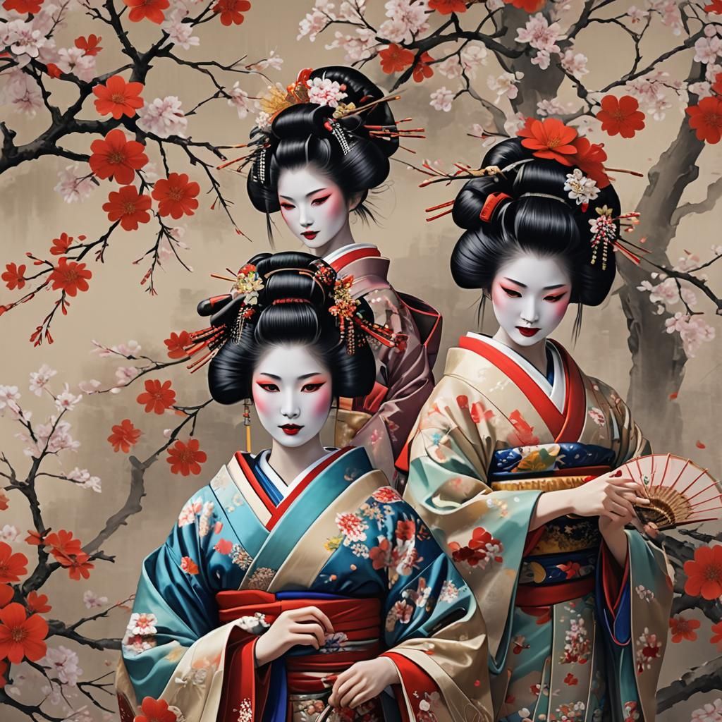 Elegant Geisha in Vibrant Traditional Dress