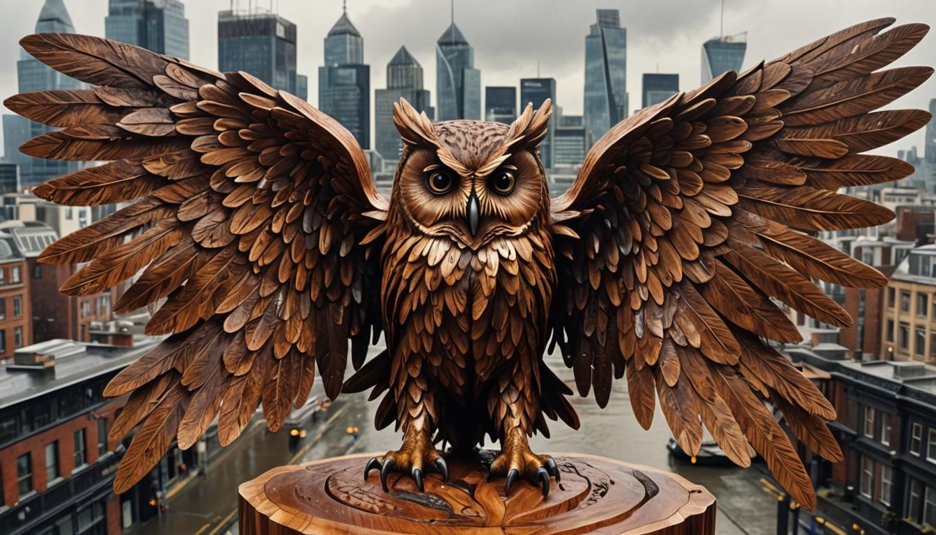 Majestic Mahogany Owl Sculpture After Rain