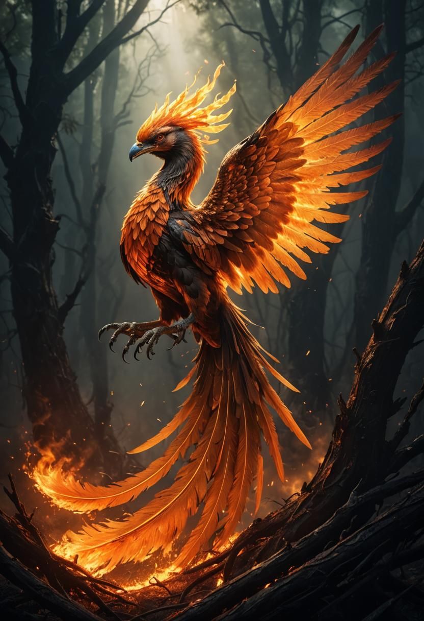 Phoenix in Eruptive Rebirth Amid Smoldering Forest
