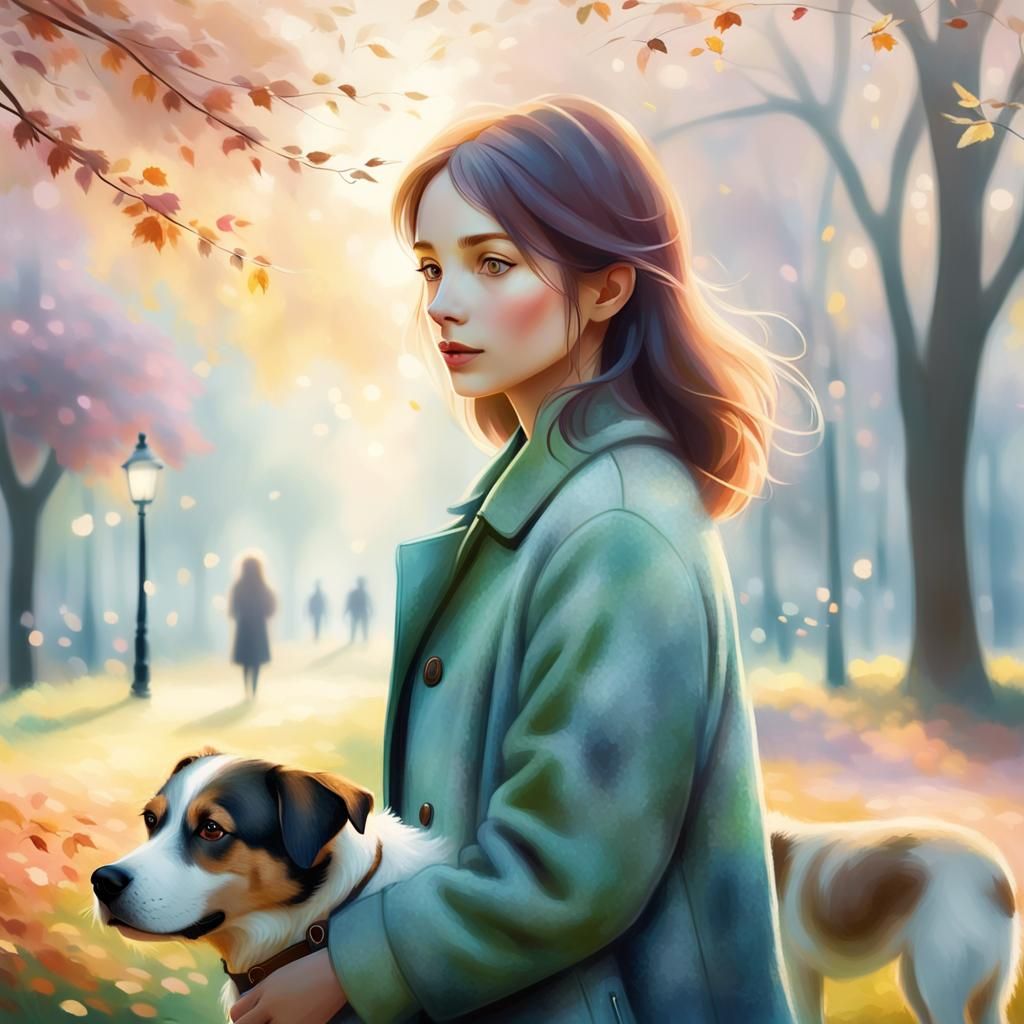 Woman in Park with Dog: Impressionistic Pastel Art