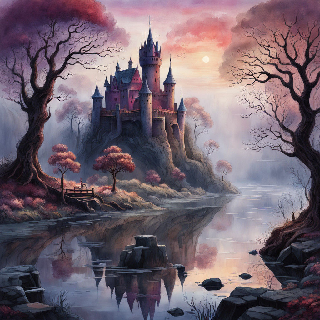 Whimsical Castle Ruin in Morning Mist by Arthur Rackham-Insp...