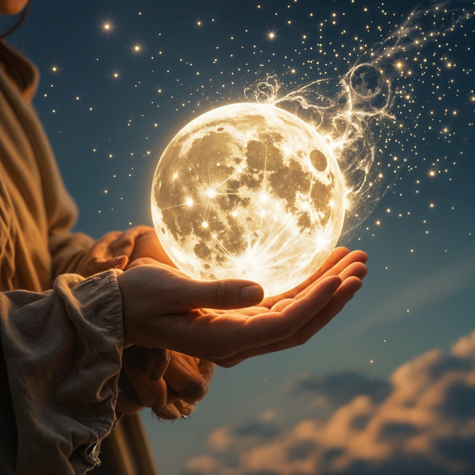 Human Hand Holds Fragile Moon Sphere, Dusting Away