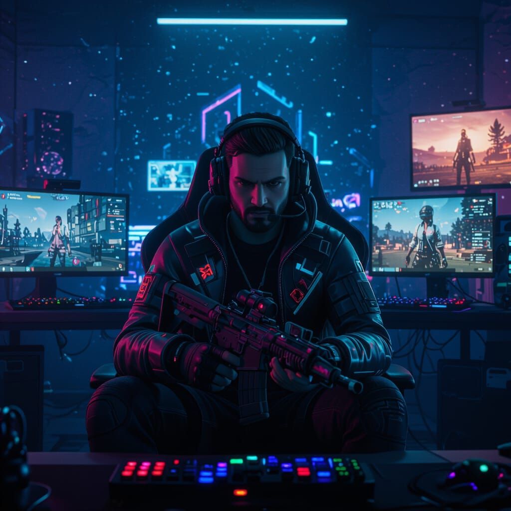 Intense Gamer in Neon-Lit Techno Spark Scene