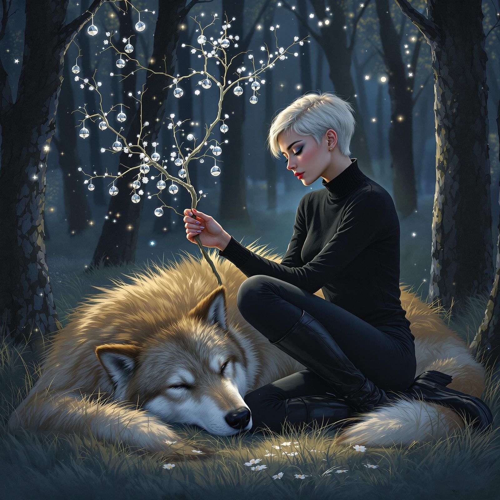 Mystical Moonlit Encounter with Werewolf and Faerie