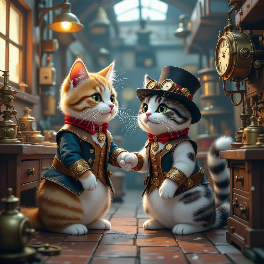 Steampunk Dog and Cat Playing in Workshop