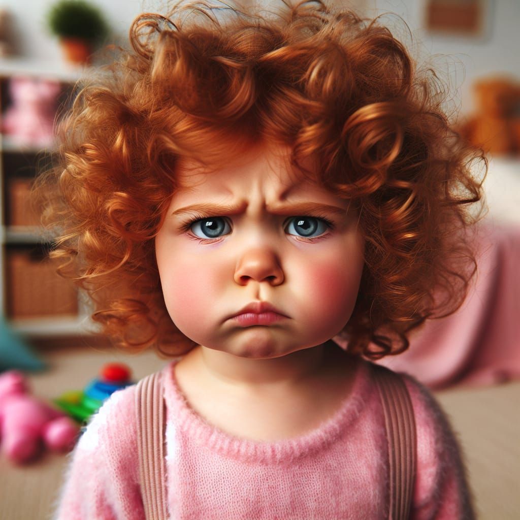 Grumpy Strawberry Blond Toddler Girl in Nursery