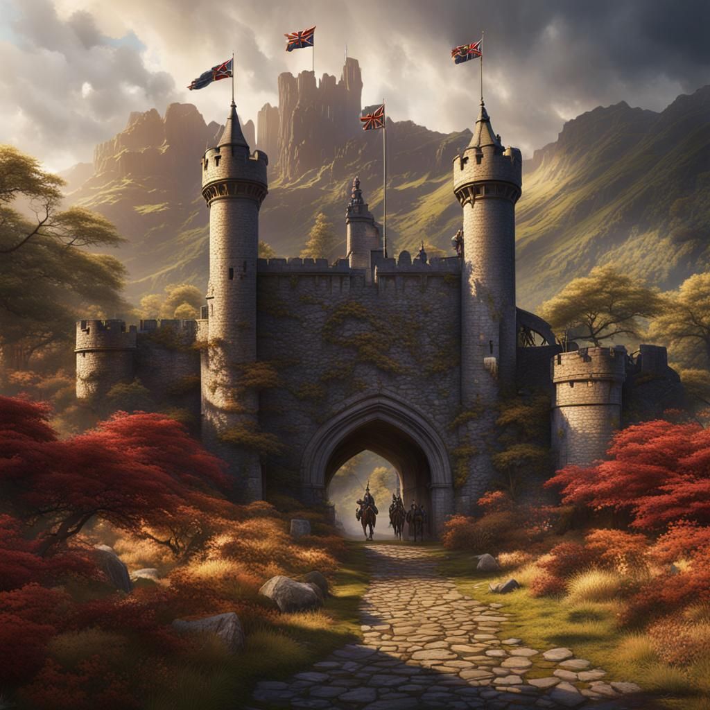 Medieval riders enter a castle gate.