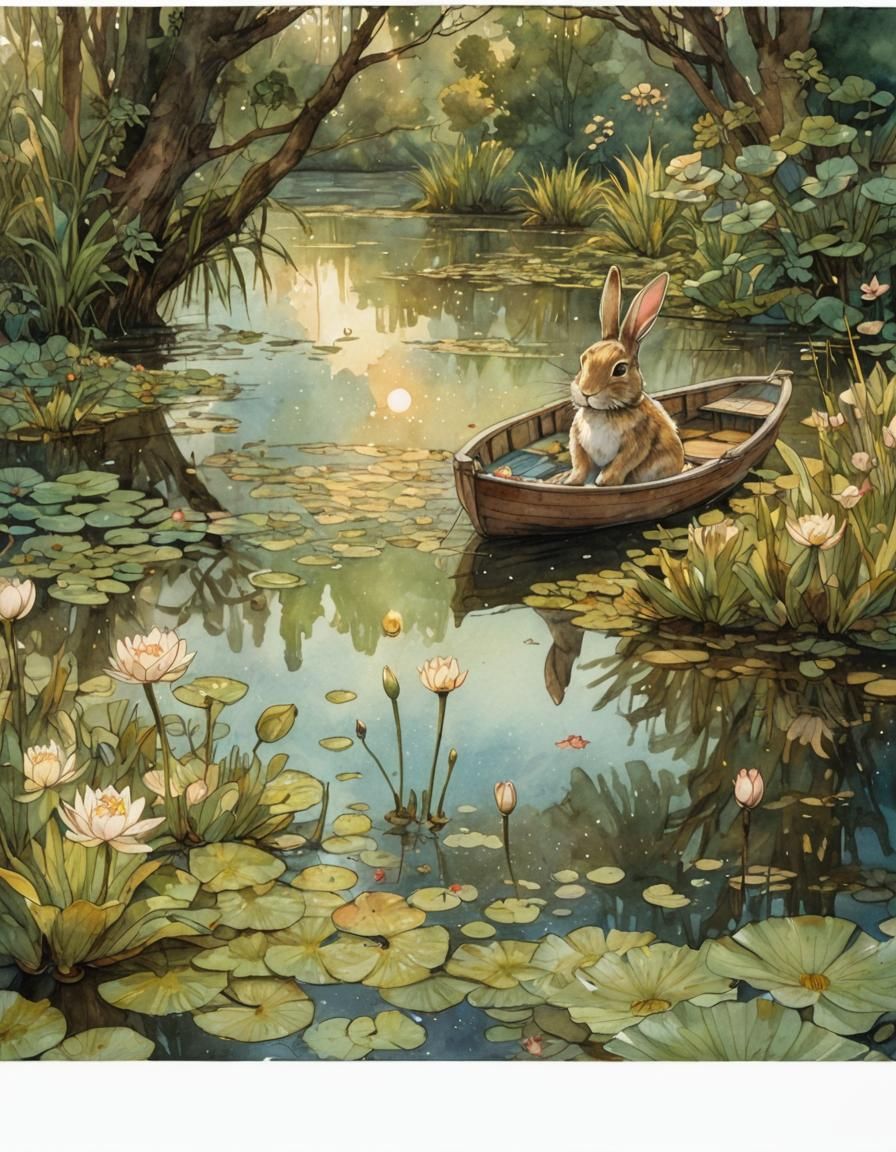 Bunny in Lily Pond: Watercolor Comic Art