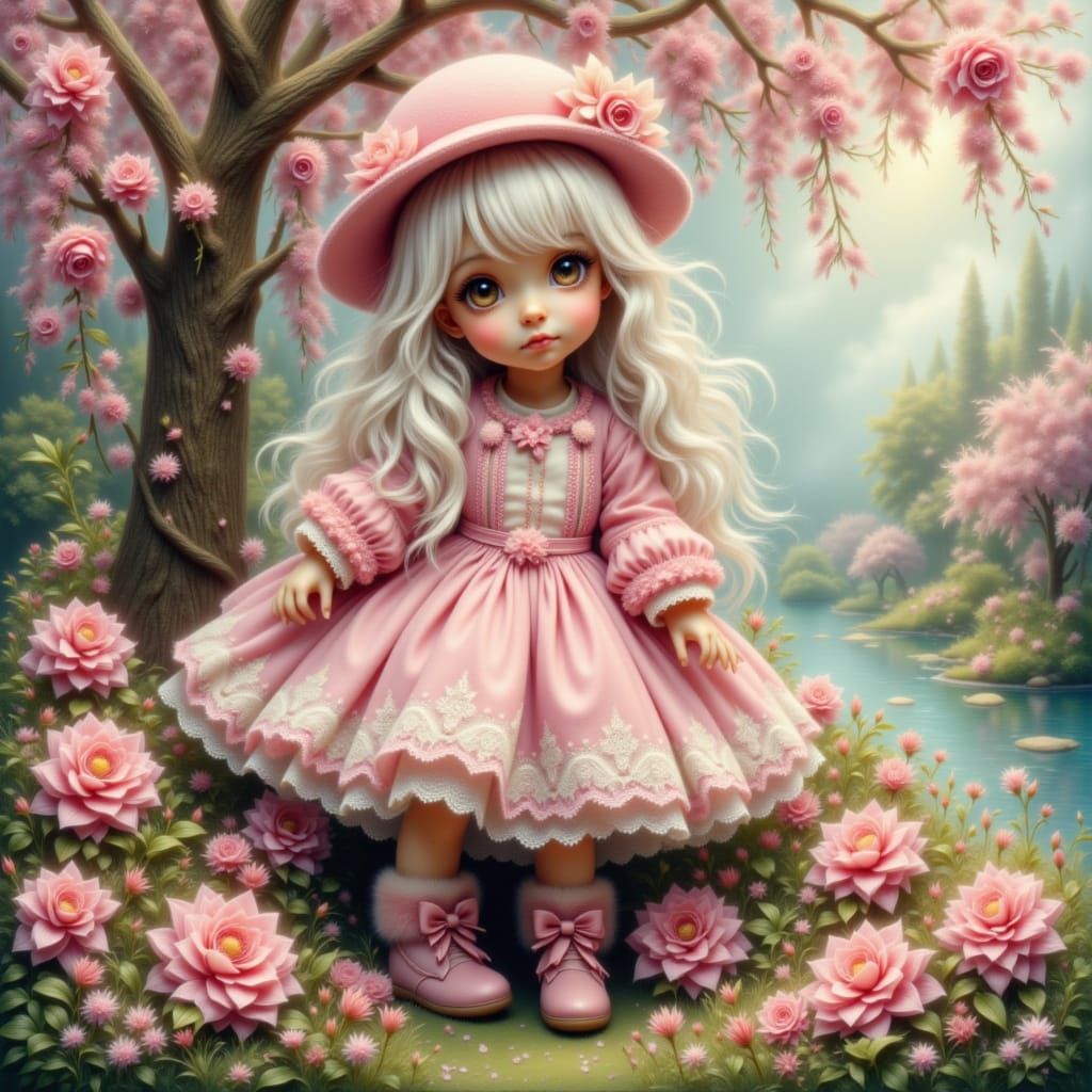 Toddler Girl in Pink Hat and Floral Dress