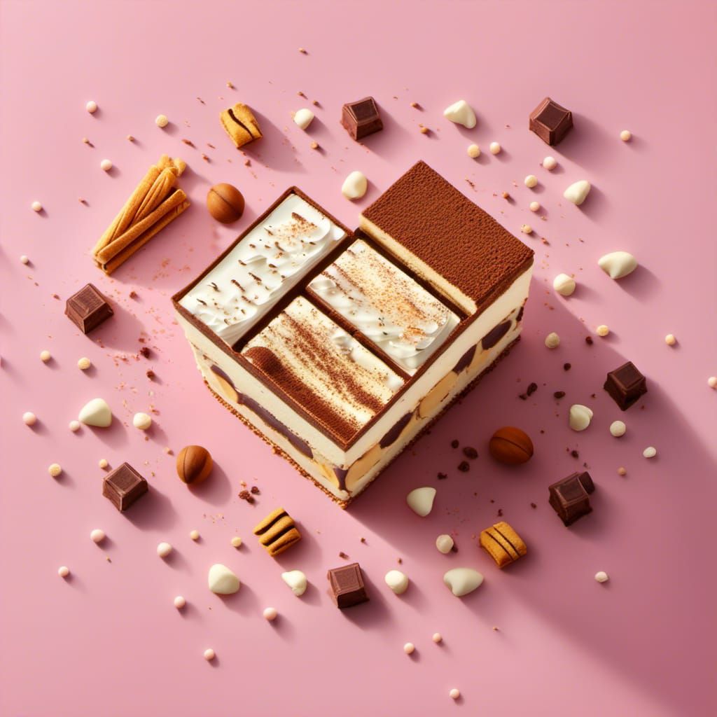 Deconstructed Tiramisu Square in Dramatic Lighting